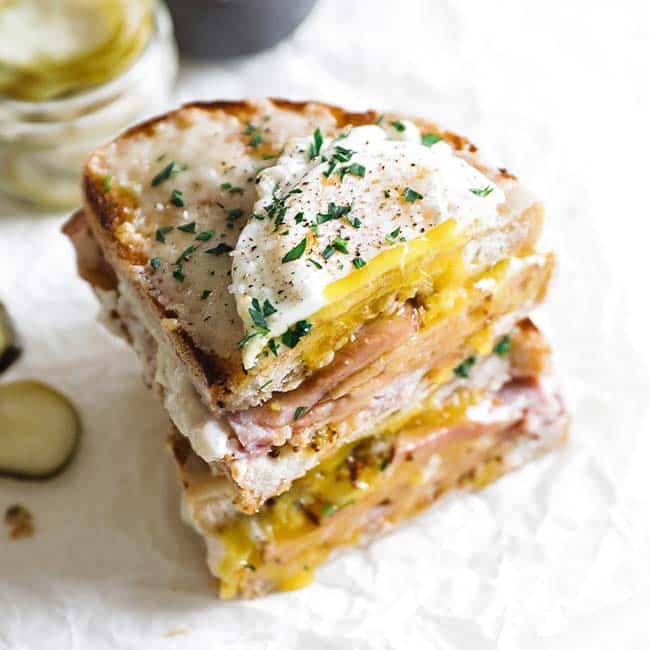 a croque madame sandwich with a fried egg on top