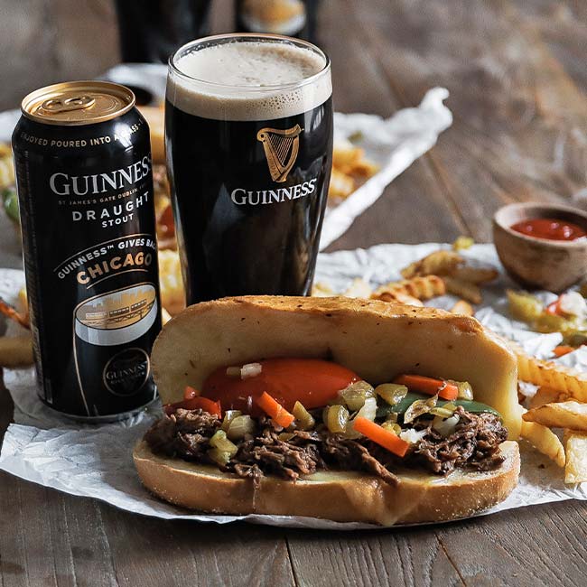 chicago italian beef sandwich with fries and beer