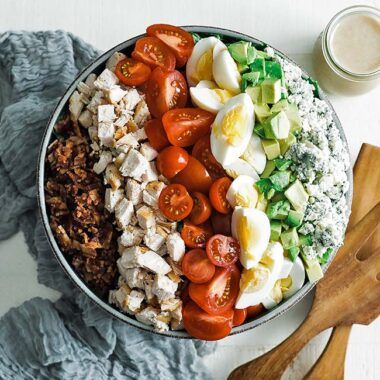cobb salad with chicken and bacon in a bowl