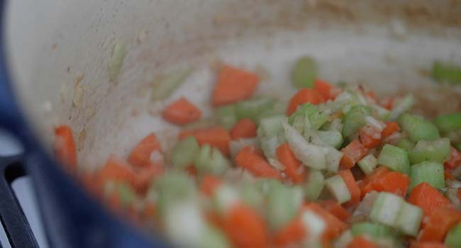 sauteing onions, celery and carrots in bacon fat