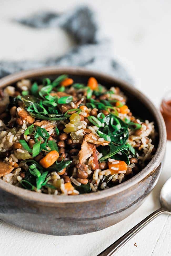 cowpeas and rice hoppin john with bacon in a bowl