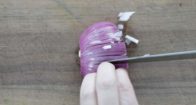 making thin slices into a red onion