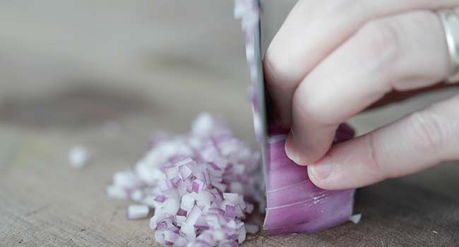 small dicing a red onion on a cutting board