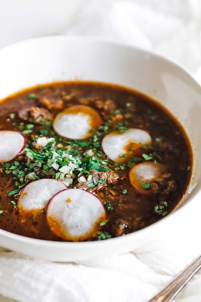 bowl of birria soup with chopped onions