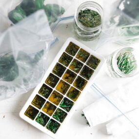 ice cube tray full of oil and herbs