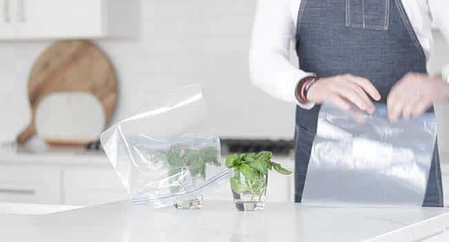 plastic a plastic bag over a jar of water and herbs