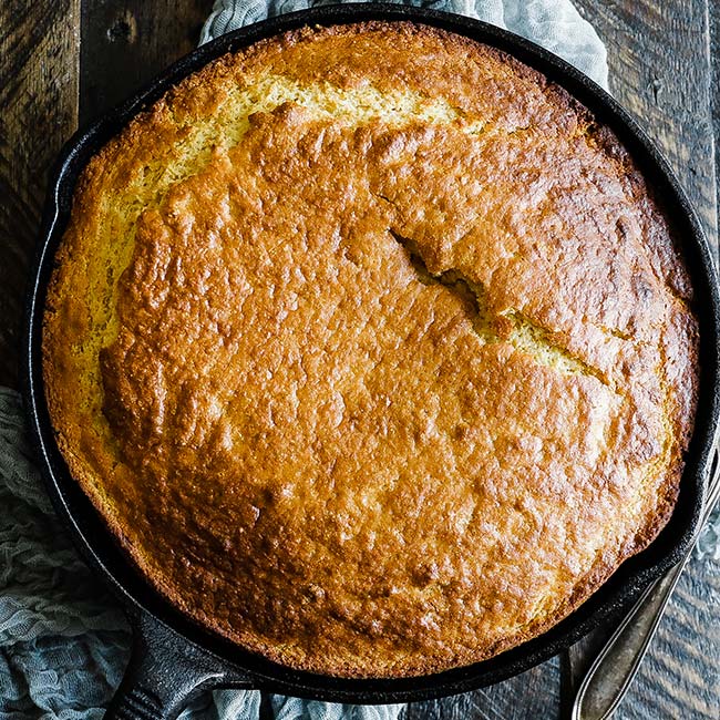 sweet cornbread in a cast-iron skillet