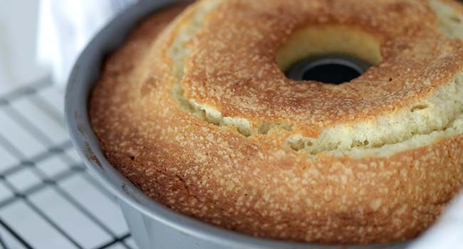 pound cake cooling in a bundt pan