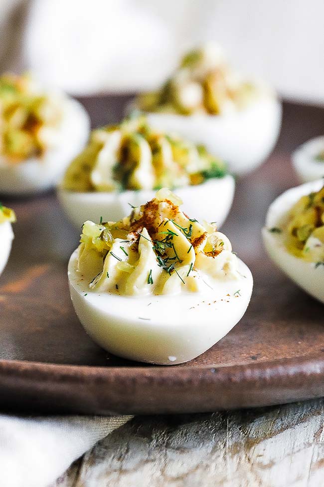 a southern deviled egg with relish and dill