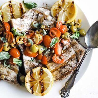 grilled swordfish with tomatoes and olives
