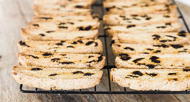 baked biscotti slices on a cooling rack