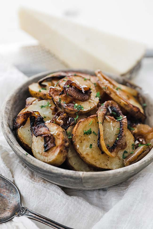 bowl of roasted potatoes and onions