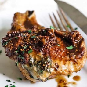 stuffed pork chop with spinach and dried cherries