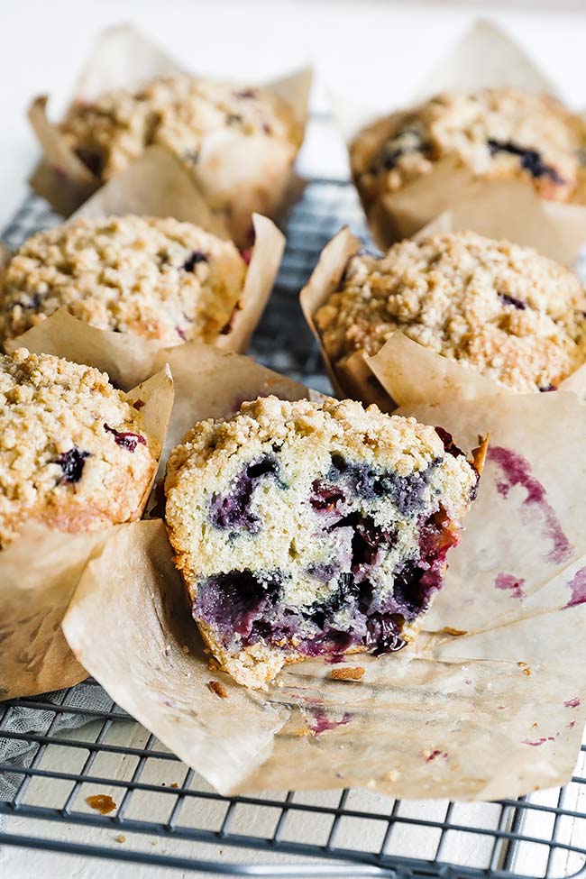 a jumbo blueberry muffin cut in half