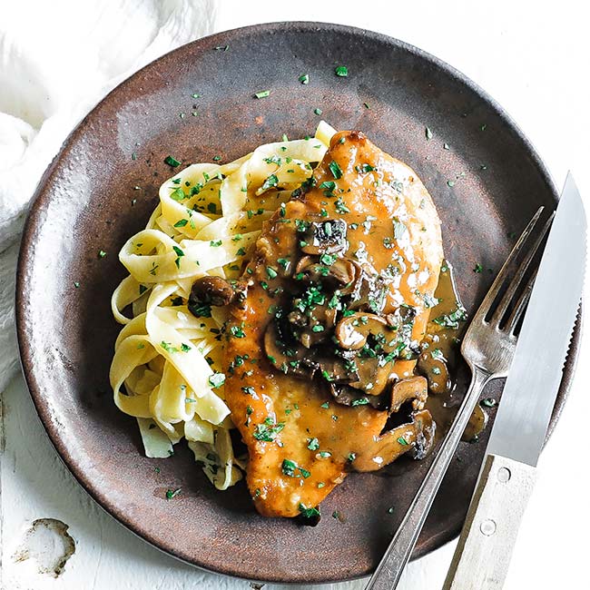 plate with chicken and mushrooms and pasta