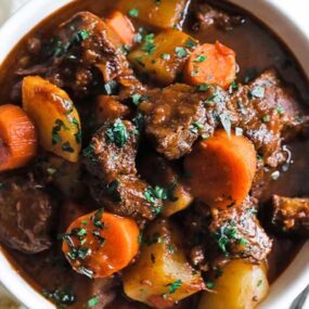 bowl of beef goulash with veggies