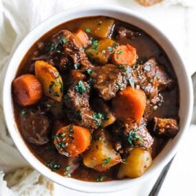 bowl of beef goulash with veggies