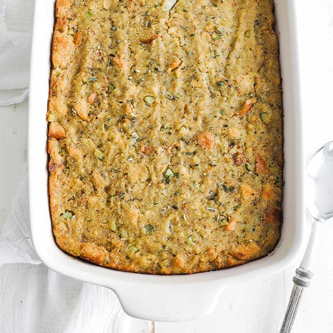 casserole dish with cornbread dressing