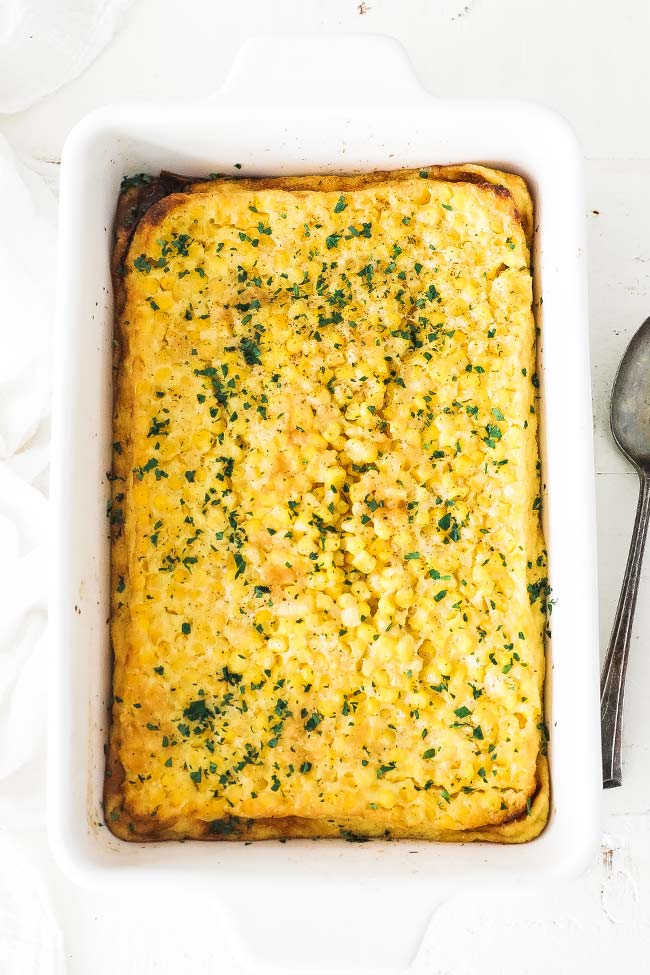 casserole dish full of corn pudding