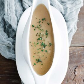 homemade gravy in a gravy boat