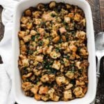 homemade turkey stuffing in a casserole dish