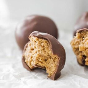 a chocolate peanut butter ball cut in half