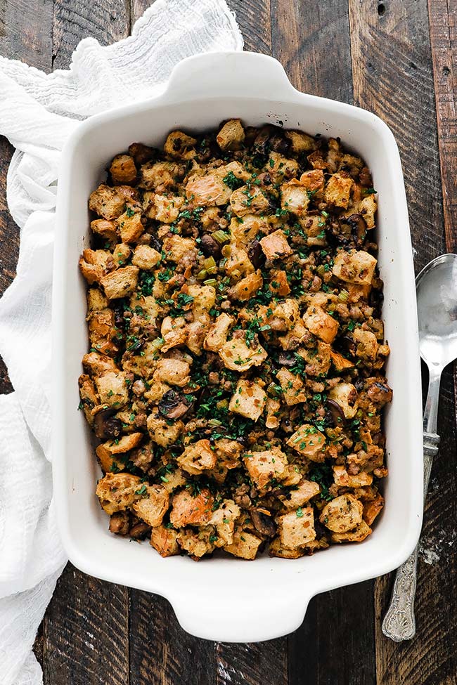 homemade turkey stuffing in a casserole dish