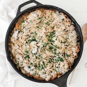 cast iron skillet with turkey tetrazzini