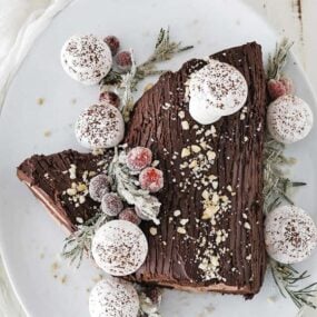 chocolate yule log with decorations