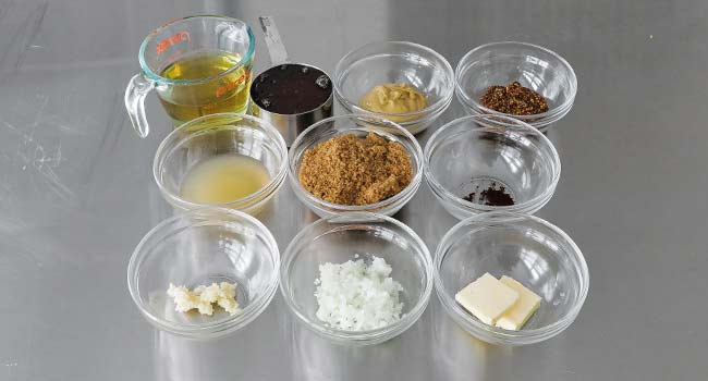ingredients in glass bowls for honey glaze ham recipe