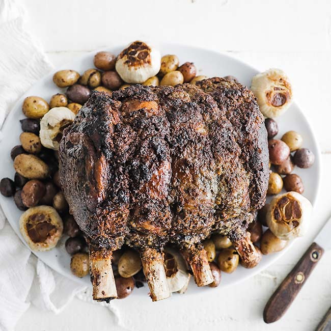 4 bone-in prime rib roast with potatoes