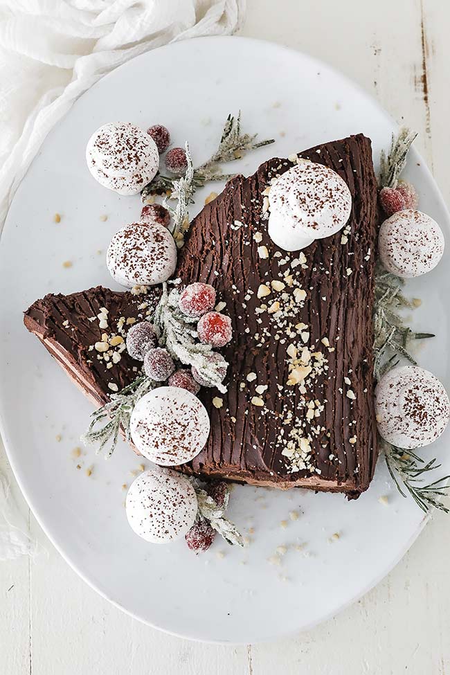 chocolate yule log with decorations