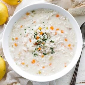 bowl of avgolemono with lemon chicken rice soup