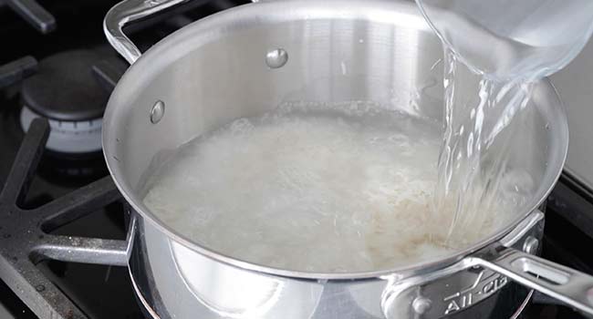 pouring water into a pot with rice