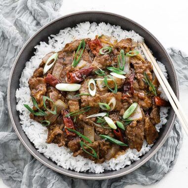 bowl of mongolian beef with rice