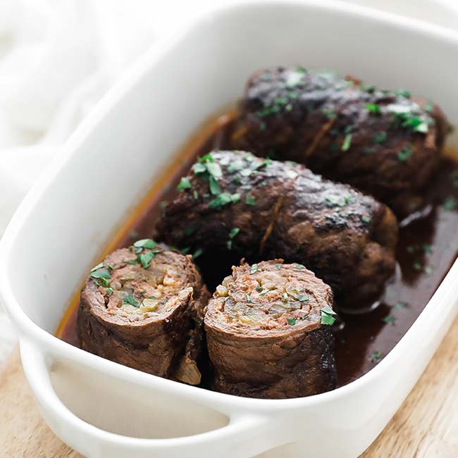 beef rouladen in a serving dish