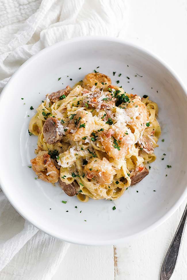 bowl of spicy shrimp pasta