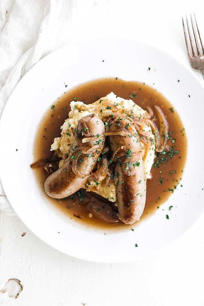 homemade bangers and mash with onion gravy