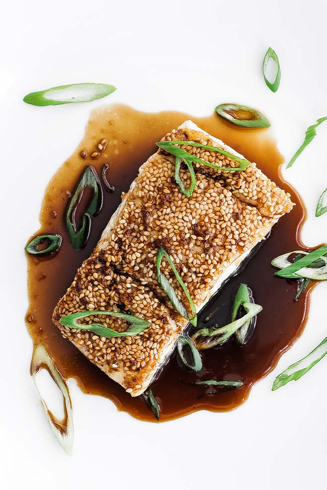 pan-seared sesame crusted halibut with glaze