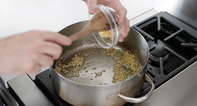 browning onions and garlic in a pan