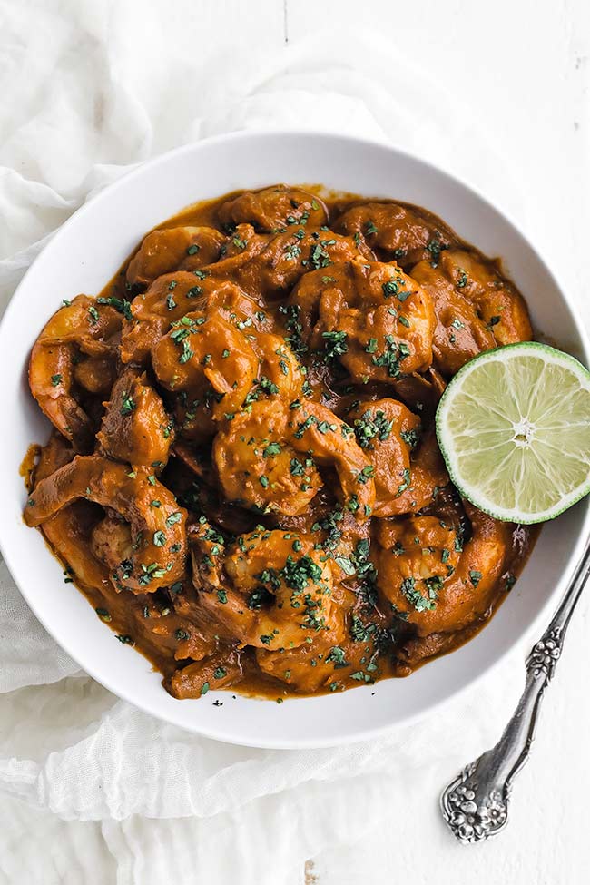 deviled shrimp in a bowl with cilantro