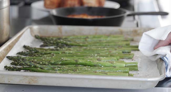 roasted asparagus on a sheet tray