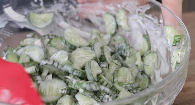 mixing together a cucumber salad