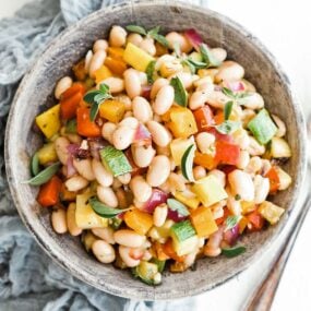 Mediterranean style bean salad in a bowl