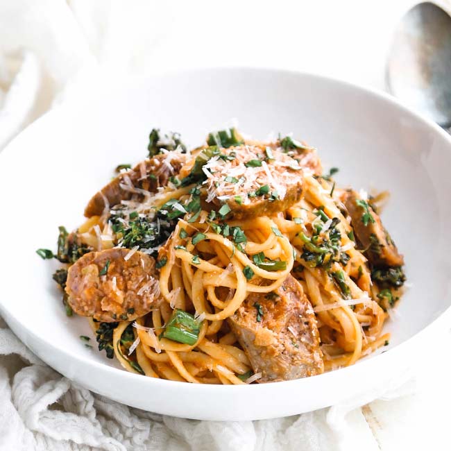 bowl of tomato pasta and sausage