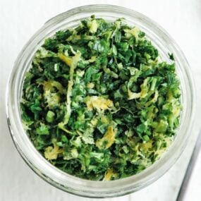 jar of gremolata with parsley and lemon