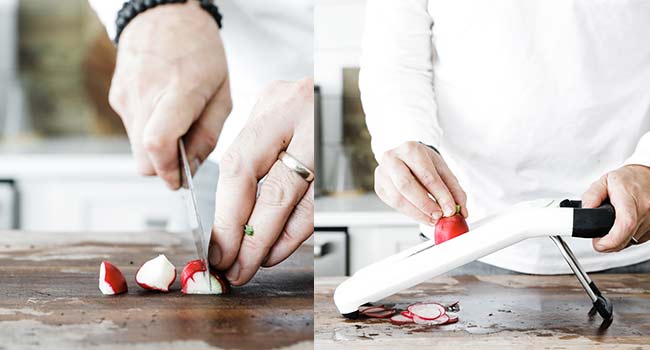 cut and sliced radishes