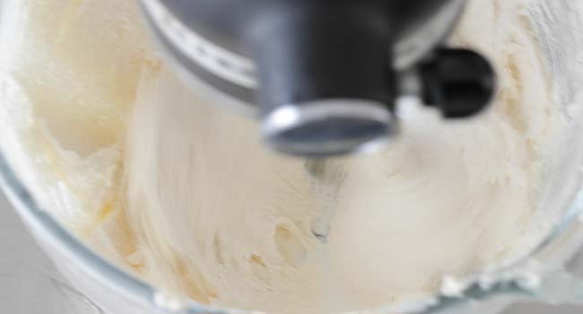 cake batter in a stand mixer