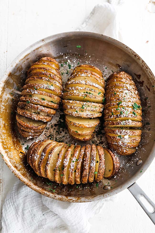 hasselback potatoes in a pan