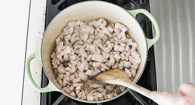 rendering pork fat in a pot